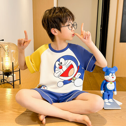 儿童睡衣男孩夏季纯棉男童短袖中大童小孩蜡笔小新薄款家居服套装 DZ6630插色叮当 小童10码身高105-115cm38斤内