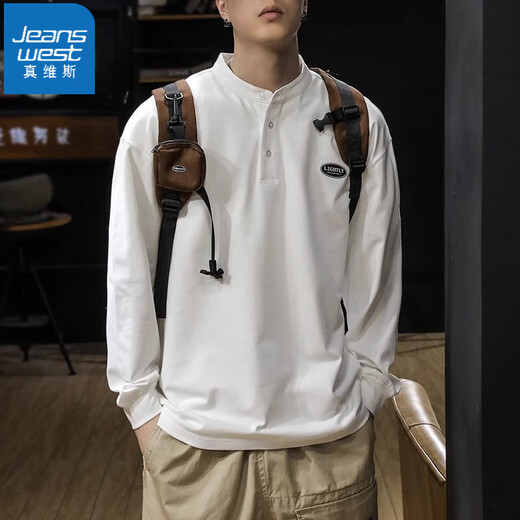 Jeanswest T-shirt men's autumn long-sleeved bottoming shirt simple business Henry collar spring and autumn loose men's casual top men white M suitable for 115-130Jin Jin equals 0.5 kg