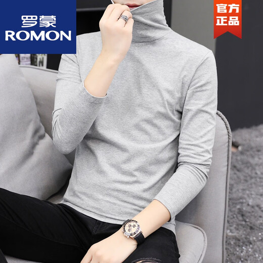ROMON turtleneck bottoming shirt men's autumn and winter slim solid color trendy brand thin long axis T-shirt casual top turtleneck dark gray GW cotton thin XL
