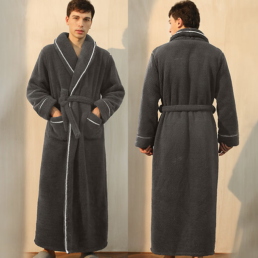 Bo Naling Nightgown Men's Bathrobe Men's Winter Plus Velvet Thickened Long Pajamas Coral Velvet Style Bathrobe Plus Size Large Size Light Luxury Warmth Men's Bathrobe Black Gray XL