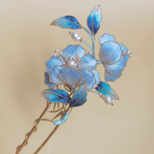 Meng Junchen antique silk gradient hairpin intangible cultural heritage handmade velvet flower hairpin Hanfu imitation dot emerald hair accessory birthday gift light blue