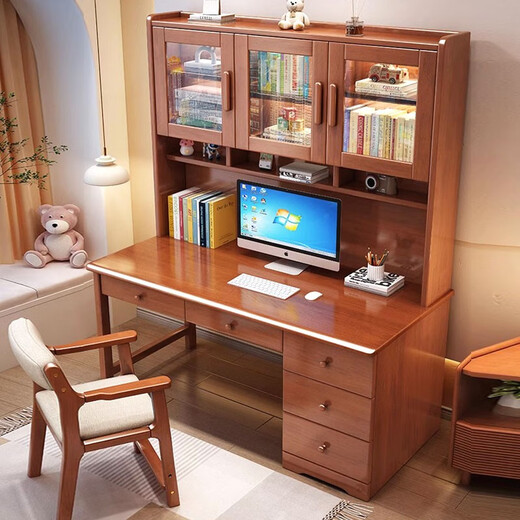 Bamboo sound desk solid wood computer desk bookshelf bookcase integrated combination study table and chair bedroom student writing desk home solid wood color single table 140x60x186cm