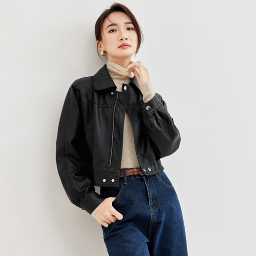 尚都比拉经典百搭翻领PU皮衣秋冬小个子短外套女夹克 黑色 M 