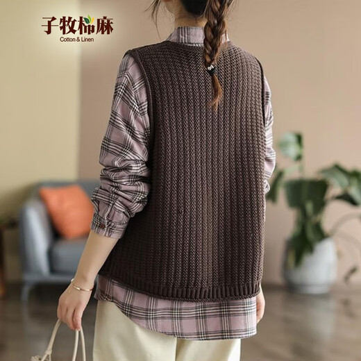 Zimu cotton and linen autumn clothing for women Korean style versatile knitted vest V-neck loose retro vest vest top 9925 coffee color one size (recommended 95-140Jin [Jin equals 0.5 kg])