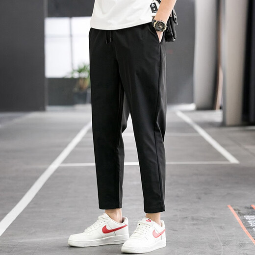 乔克杰夏季薄款男士装抗皱休闲潮垂感小脚易穿百搭显瘦宽松运动九分裤子 黑色 XL