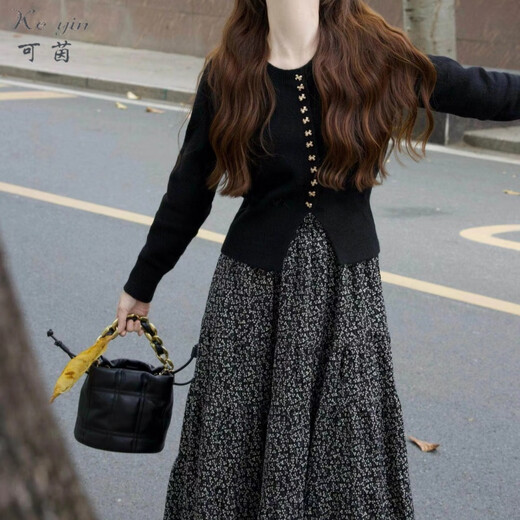 Keyin dress women's suit 2025 new autumn and winter wear French retro gentle knitted sweater floral skirt knitted sweater + skirt L