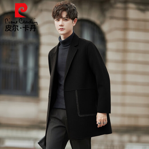 皮尔卡丹高档轻奢双面羊毛呢大衣男士春秋季加厚羊毛呢子外套男风衣中长款 灰绿色 S 体重110斤以内
