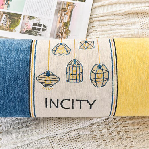 Jingshengshu New Chinese sofa head pillow cylindrical long strip pillow cushion Chenille candy pillow cylindrical foot pillow strip green plus yellow 15x50cm only pillow case without core