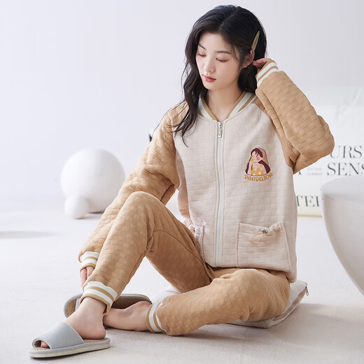 
Qianzhiya (QIANZHIYA) pajamas for girls in autumn and winter thickened pure cotton mezzanine long-sleeved home clothes plus cotton air cotton warmth thin cotton set MFT-15275# Women's M/160