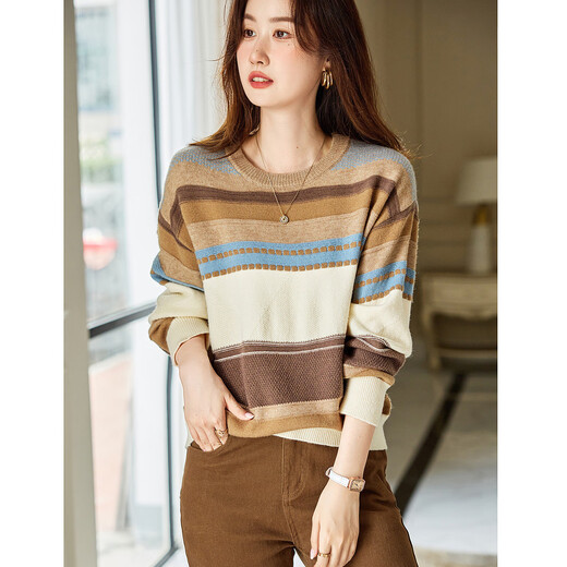 Demana Light Mature Commuting 2025 Winter Round Neck Velvet Yarn Striped Contrast Color Sweater Long Sleeve Knitted Sweater Women's Top