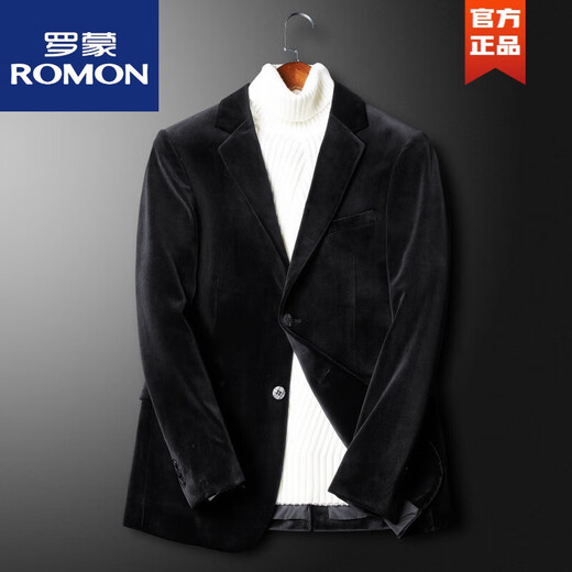 ROMON European blazer men's Korean version slim business casual simple fashion gold velvet handsome suit top black XL