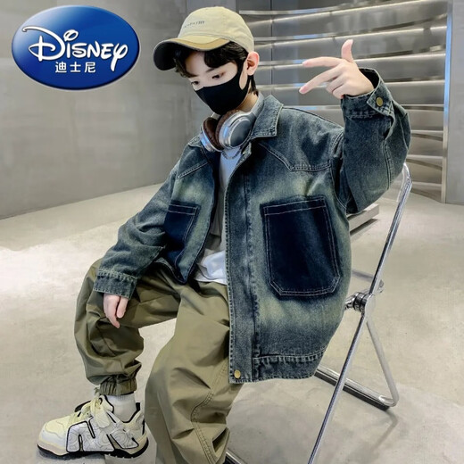 Disney (Disney) children's clothing, boys' autumn jackets, spring and autumn new models, medium and large children's boys handsome denim autumn hooded trend, retro color 130