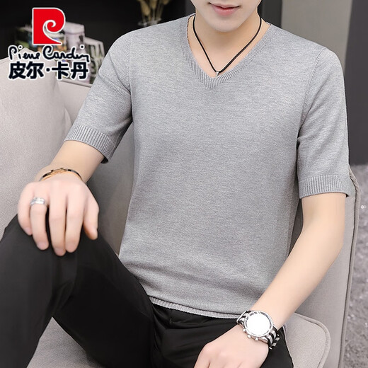 皮尔卡丹短袖毛衣男韩版v领春秋季潮流打底衫青年修身2024新款半袖针织衫 9902米色 2XL