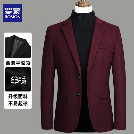 罗蒙羊毛西装外套男秋冬季款中年商务休闲小西装修身毛呢西服男爸爸装 6806灰色 常规 M 170约90-110斤