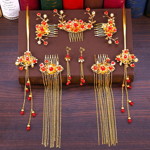 Lingchuan Xiuhe clothing headdress, elegant bridal phoenix crown, red step, long tassel, classical suit, wedding accessories, Xiuhe X-D33 phoenix crown ear clip with ear hook