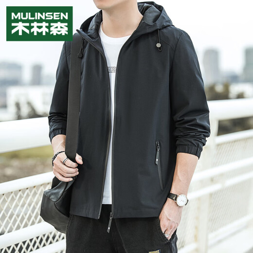 MULINSEN jacket men's spring and autumn fashionable casual hooded jacket men's versatile windproof top men's black XL