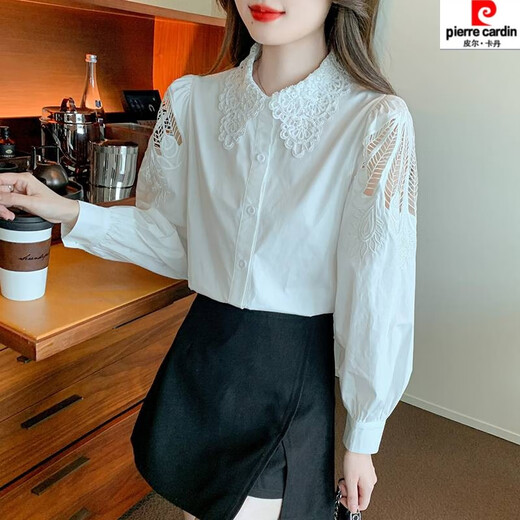 Camisa de algodón bordado de Piercadian para la nueva camisa blanca bordada de otoño femenino suelto y versátil de manga larga Cy9227 White XL [sugerido 121-130Jin [Jin equivale a 0.5 kg]]]