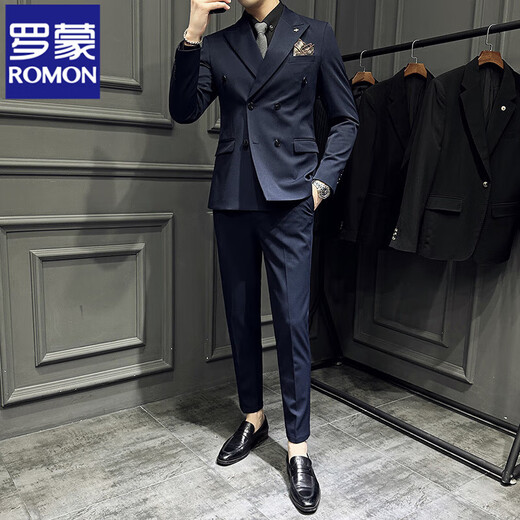 ROMON suit men's double-breasted lapel business casual suit large size formal wedding groom slim British style black three-piece suit + white shirt free tie breast scarf 2XL (135-145Jin Jin is equal to 0.5 kg)