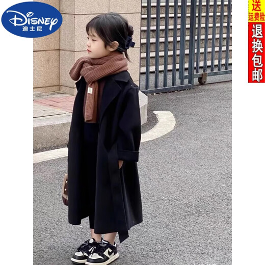 Disney (Disney) 2024 Herbst und Winter Neue Mädchen Wollmantel mit mittlerer Wolle mit Wollmantel mit mittlerer Länge verdickter, vielseitiger Neujahrs-Mantel-Trend schwarz [Modell] 150 empfohlen, weniger als 152 cm zu sein