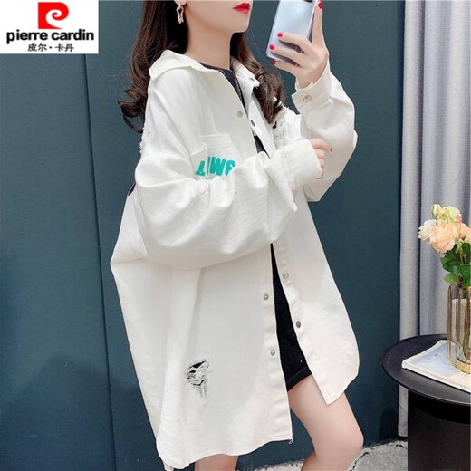 Pierre Cardin Design-Nischen-Hemd mit Rissen für Damen, Frühling und Herbst, vielseitiges Oberteil, Oberbekleidung, mittellanger Mantel für Damen 829 S (empfohlen 115Jin Jin, entspricht innerhalb von 0,5 kg)