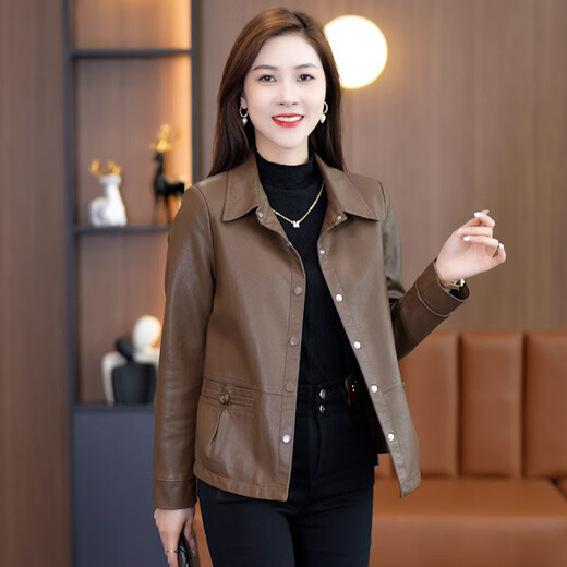 忆灵短款皮衣外套女2025春秋新款宽松洋气质百搭时尚小个子皮夹克上衣 深咖色 2XL【建议120-135斤】
