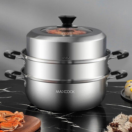 MAXCOOK bakelite steamer, stainless steel multi-layer steamer, thickened single-bottom soup pot, gas induction cooker, double-layer MCZ6622 30cm