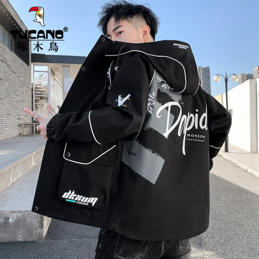 Woodpecker 2022 new Hong Kong style work jacket men's spring and autumn thin ins trendy brand loose casual jacket hooded top 16819 gray 180/2XL