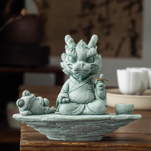 Lucky Dragon Tea Pet Decoration Color Changing High-End Green Sandstone Tea Table Tea Table Tea Set Feng Shui Decoration Crafts One Finger Rich + Sleeping Frog + Fishing Platform Base