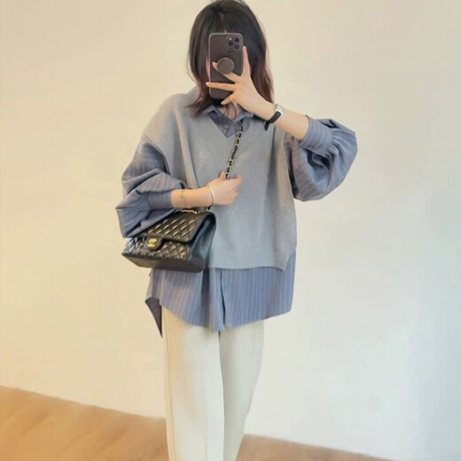 Geman Maternity Autumn Suit Fashionable 2024 Spring and Autumn Style Western-style Fake Two-piece Top Wide-leg Pants Autumn and Winter Outer Wear Two-piece Set Fake Two-piece Shirt + Velvet Apricot Belly Supporting Pants M
