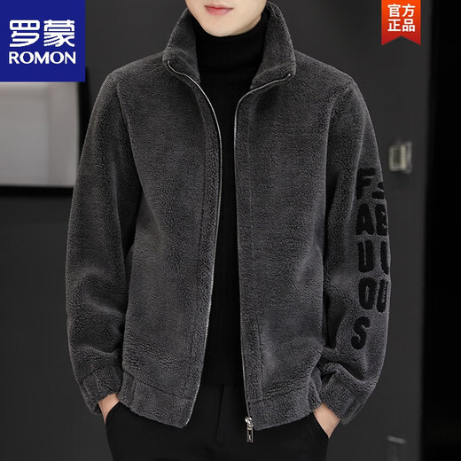 ROMON fur one-piece jacket men's winter thickened velvet stand-up collar loose casual men's lamb velvet cotton jacket stand-up collar gray XL