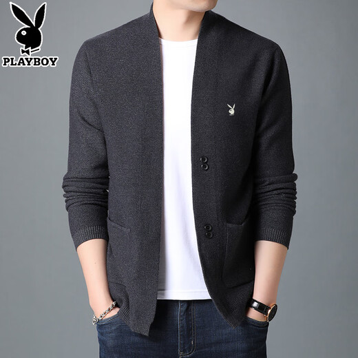 花花公子（PLAYBOY）长袖开衫男装春季新款复古外套男针织毛衣秋冬韩版羊毛开衫男线衣 黑色 180/XXL