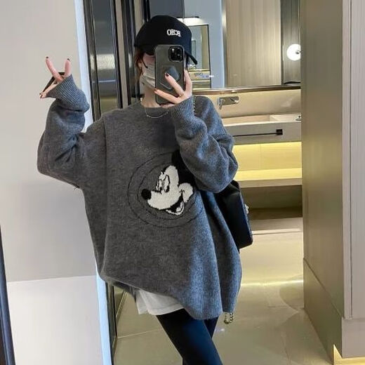 Yimuqi Buy Duoxi Dongguan Dalang Sweater Mid-length Loose and lazy style pullover for women 2024 Winter New Korean Style Pullover Grey Donald Duck y9855 One Size m