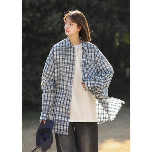 QGF long-sleeved shirt for women spring new forest style small person loose versatile casual simple Korean style college style jacket trendy blue check M