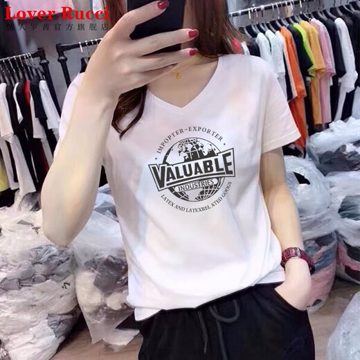 Liebhaber Rucci reines Baumwollschulter kurzärärmig V-Ausschnitt T-Shirt Frauen 2025 Sommer Neues lose Schlank