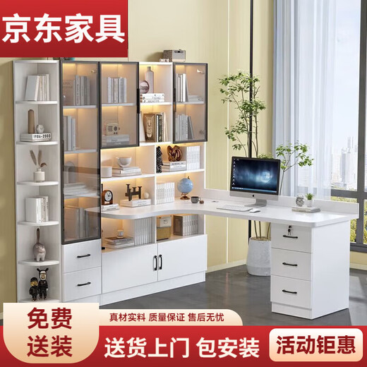 Solid wood corner desk bookshelf bookcase integrated corner computer desk home L-shaped desk student study table solid wood warm white black frame does not include sensor light 120*60 desk 2.5 thickened desktop