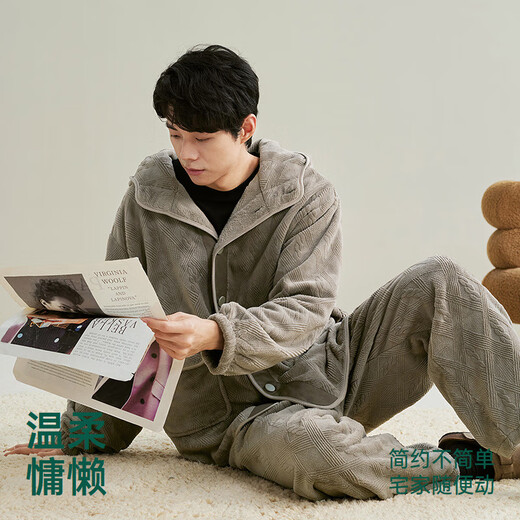 Anzhiban Giant Warm Couple Pajamas Women's Autumn and Winter Coral Velvet Thickened Winter Men's Hooded Home Clothes Aoki Brown Male XL