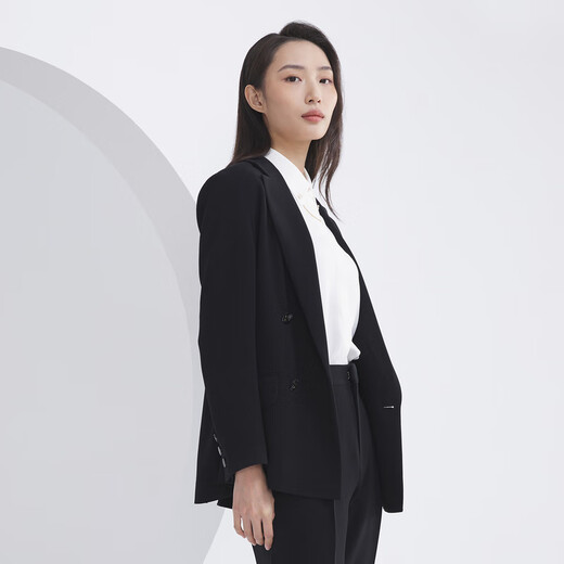 雅戈尔（YOUNGOR）套西上衣女673款双排一粒扣宽松版西服垂感挺括新品商场同款 黑色 XL 175/96A
