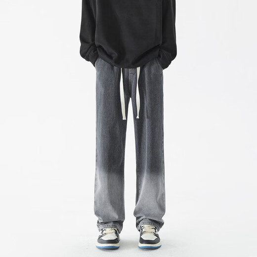 Foss Phil Jeans Summer Hole Loose Work American pantalones Trendy Brand High Street Retro de pierna ancha Men SS-5009 Black Grey XL (recomendado 130-150jin [Jin equivale a 0.5 kg])
