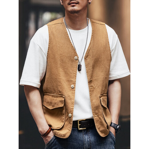 择肯美式复古重磅牛仔马甲男士夏季潮牌宽松休闲户外无袖坎肩背心外套 卡其 XL(体重145-160斤)