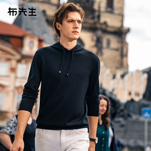 Mr. Bu Skin Friendly Hooded Wool Sweater 2025 Autumn Machine Washable Solid Color Wool T-Shirt Men's PT15568 Piano Black M (170)