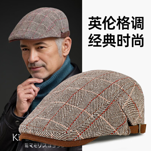 SOMUBAY beret men's classic fashion retro British style forward hat middle-aged and elderly peaked cap elderly grandfather hat plaid coffee color one size fits 56-60CM