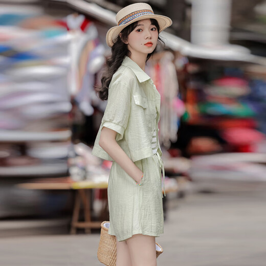 Yixian Fashionable Casual Small Shorts Women's Three-Piece Set Summer New Sun-resistant Clothes Salt-Sweet Women's Clothes Set 6167 Green S