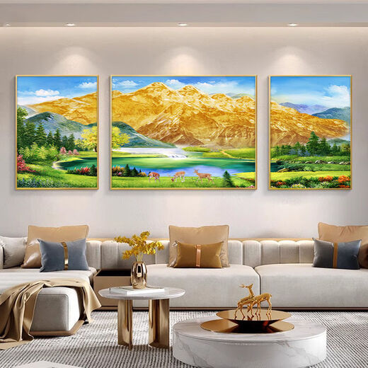 Volver a la sala de estar Jinshan Pintura colgante Pintura de paisaje Sofá Fondo de la pared Decoración de la pared Feng Shui West Wall Triptainting 12596 [Marco de aleación de aluminio dorado] Medio 70*50 En ambos lados 35*50 [Lona de aceite de textura