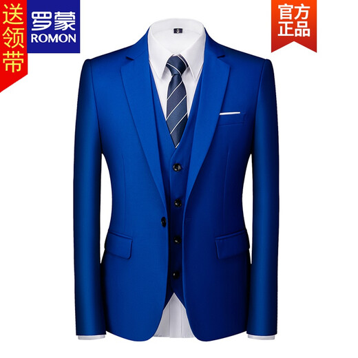 ROMON light luxury suit men's Korean style sapphire blue casual business professional formal groom's suit three-piece wedding dress new product sapphire blue single jacket L