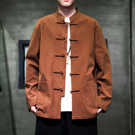 Huatianmu large size Chinese style shirt men's stand collar long sleeve retro style tunic tunic cotton and linen plate button spring and autumn jacket burgundy 3XL, recommended 150-170Jin Jin equals 0.5 kg