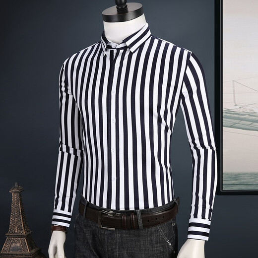 Talentiertes Yijia Vertikales gestreiftes Hemd Herren-Langsamen, schlanker Baumwollkoreaner-Stil gutaussehender Frühlings-Männer modisches lässiges Hemd-Hemd-Mode-Fashion Anti-Falten-Marine Streifen 5009 39