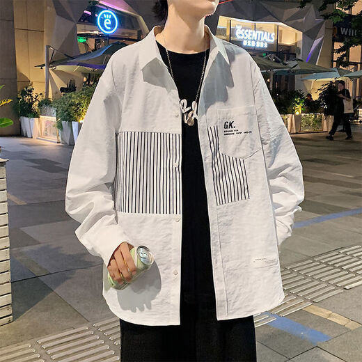 丹俏丽衬衫男士春夏季新款韩版潮流拼接印花长袖衬衣青少年宽松痞帅外套 白色 679 M