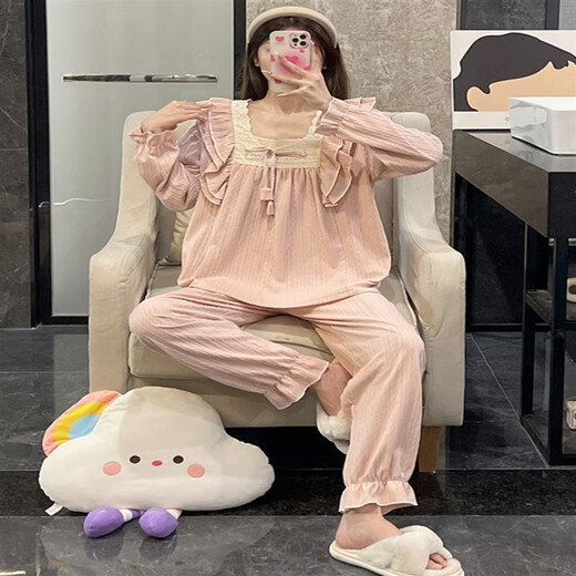 
Huinubi Princess Style Long Sleeve Pajamas Women's Spring and Autumn Pure Cotton 2023 New Pink Lace Autumn and Winter Home Clothing 9904# Pink (Double-length)[S]45 2XL 140-160Jin[Jin equals 0.5 kg]