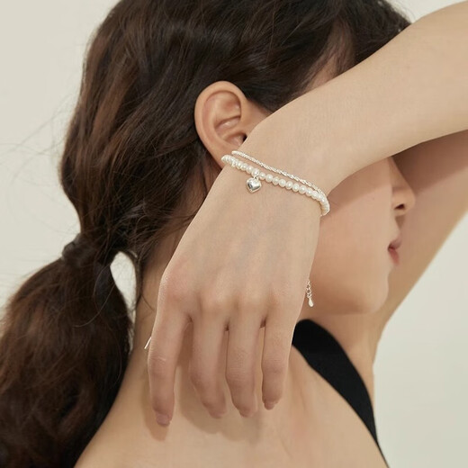 CHINA GOLD Broken Silver Pearl Bracelet Women's Natural Sterling Silver Bracelet Birthday Gift for Girlfriend and Wife Wedding Anniversary Small Heart Double-Layer Bracelet Brand Gift Box