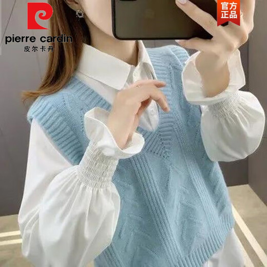皮尔卡丹（pierre cardin）麻花马甲背心女春秋外搭2025年新款宽松v领针织毛衣马夹无袖上衣 1047白色 M 【建议96斤-110斤】